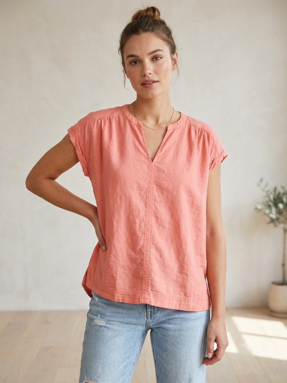 Splendid Women’s Coral Linen Blend Short Sleeve V-Neck Loose Blouse Tee Size XL